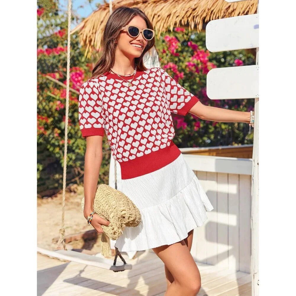 Women Puff Sleeve Sweater Cropped Knit Top Valentine's Day Cute Heart - Picture 4 of 5